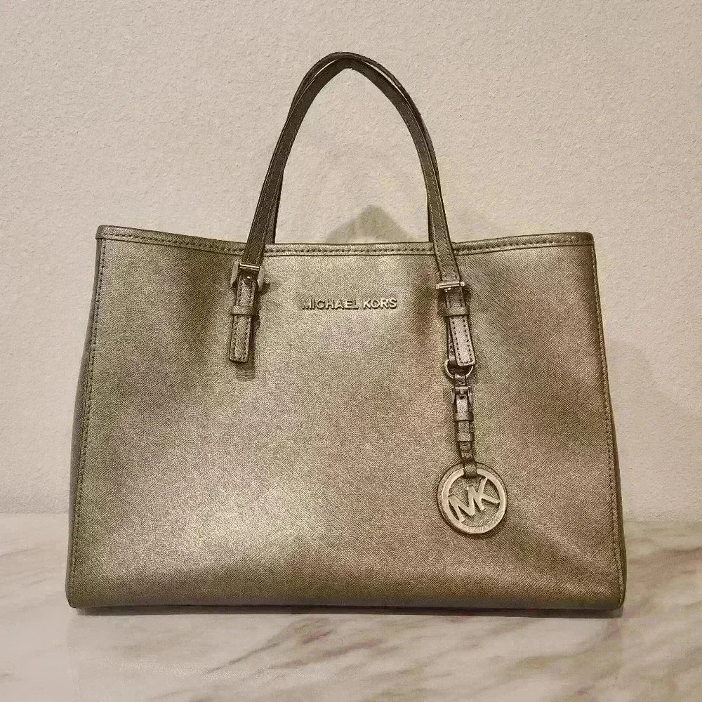 Michael Kors Gold Saffiano Leather Jet Set Handbag Tote